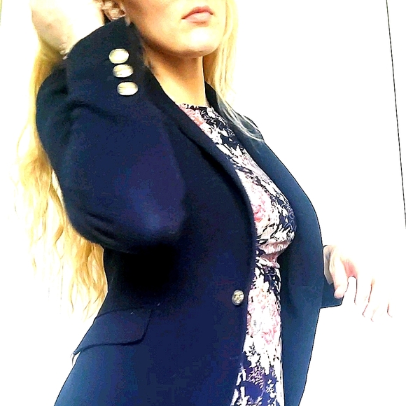 ZARA WOMAN Navy Blue Fitted Blazer Gold Buttons Sz M - Picture 6 of 7